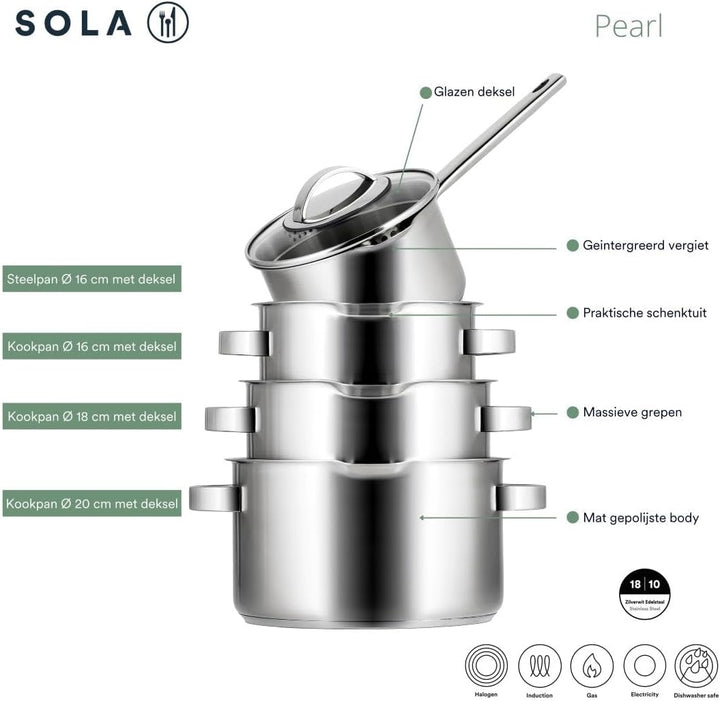 Sola Pearl Premium Topfset Induktion - 4-Teilig, Kochtopf set mit Deckel - 18/10 Mattiert Edelstahl