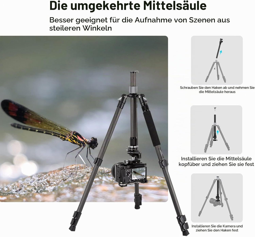 SMALLRIG Karbonfaser-Stativ mit Mittelsäule, Carbon Fiber Tripod abnehmbarem Einbeinstativ, 360°-Kug