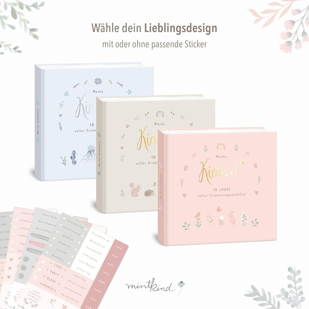 mintkind® "Meine Kindheit" Erinnerungsalbum Rosa Blumen Design + Sticker Set I deine ersten 10 Jahre
