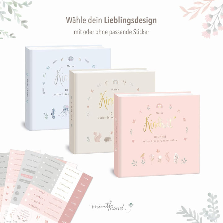 mintkind® "Meine Kindheit" Erinnerungsalbum Rosa Blumen Design + Sticker Set I deine ersten 10 Jahre