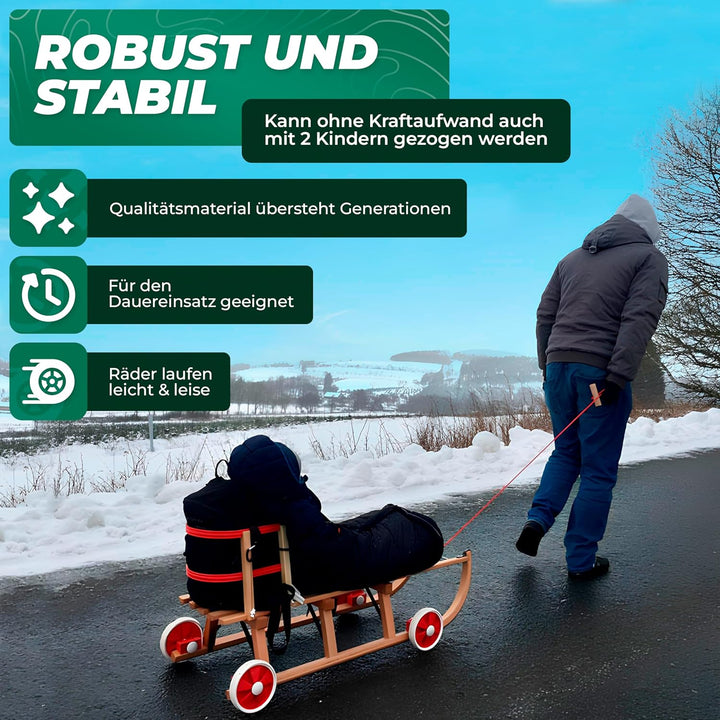 Roll Rodel Original Holzschlitten mit Rädern zum Einsatz auf Teer und Schnee - Schlitten mit Rollen,