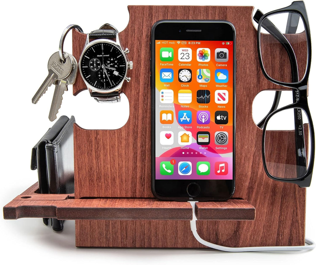 Personalisierte Dockingstation, Smartphone-Ständer - Nachttischhalter aus Holz, Geschenkidee für Män