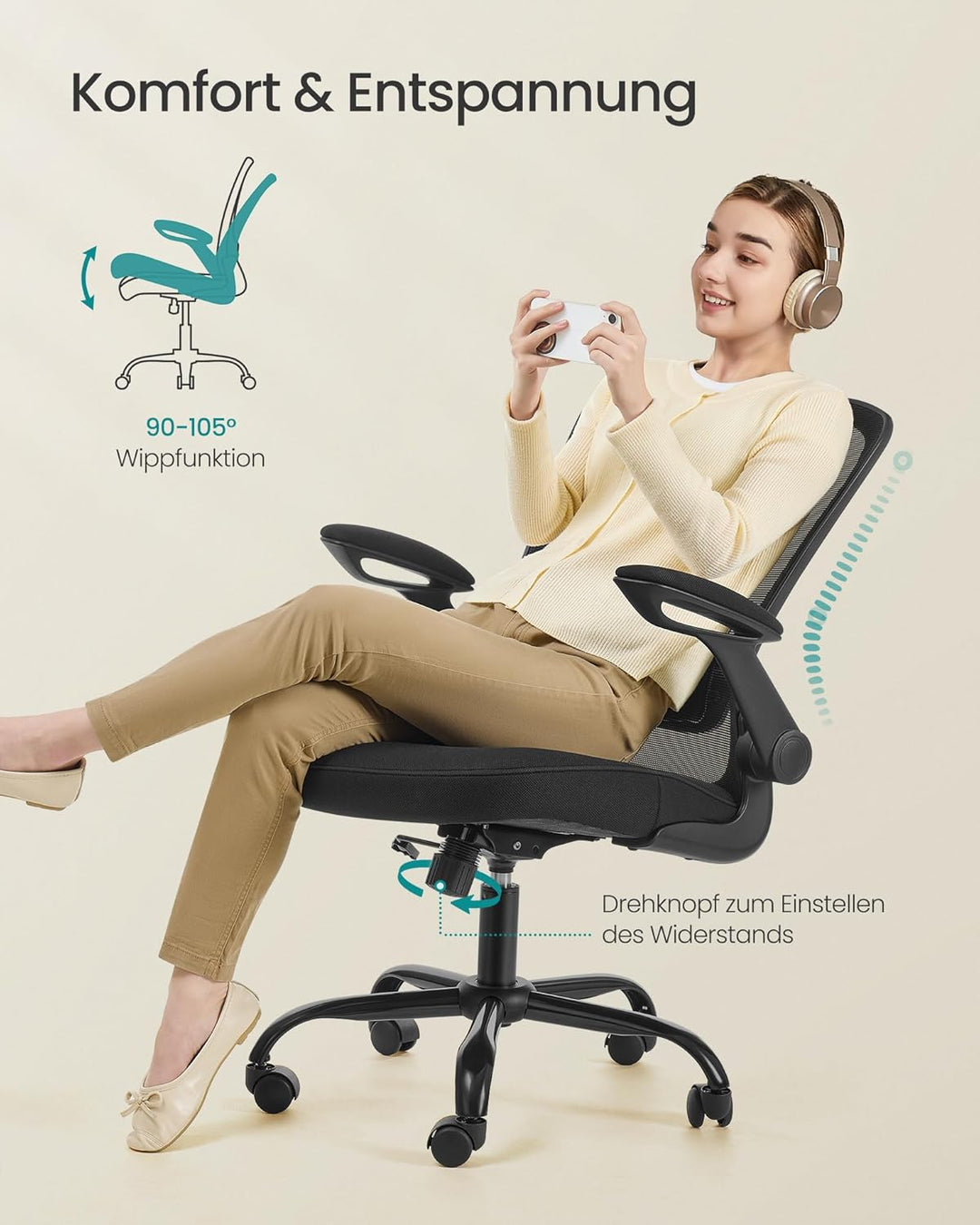 SONGMICS Bürostuhl ergonomisch, Schreibtischstuhl klappbare armlehne, 360° Drehstuhl, verstellbare L