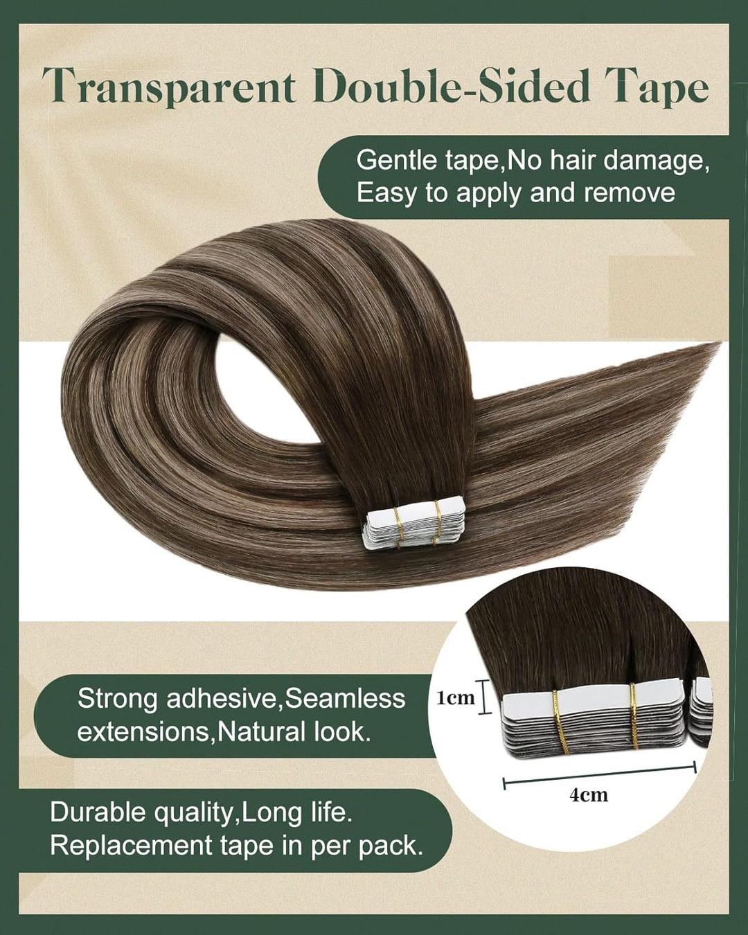 Ugeat Tape in Extensions Echthaar Dunkelbraun 35 cm Remy Balayage Tape in Extensions Ombre Braun Asc