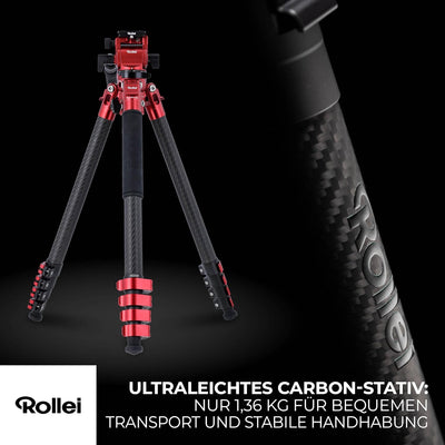 Rollei Easy Traveler Video Carbonstativ - 4,5 kg Tragkraft, 164 cm Höhe, Ultraleicht, Kompakt, Mühel