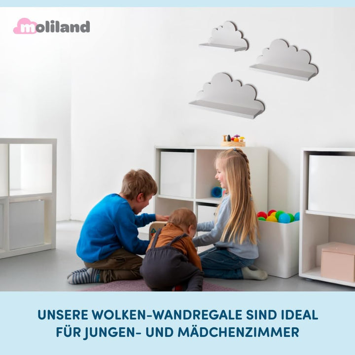 3er Set Wandregal Kinderzimmer Weiss | Babyzimmer Wolkenregal für Bücher, Spielzeug und Dekoration |