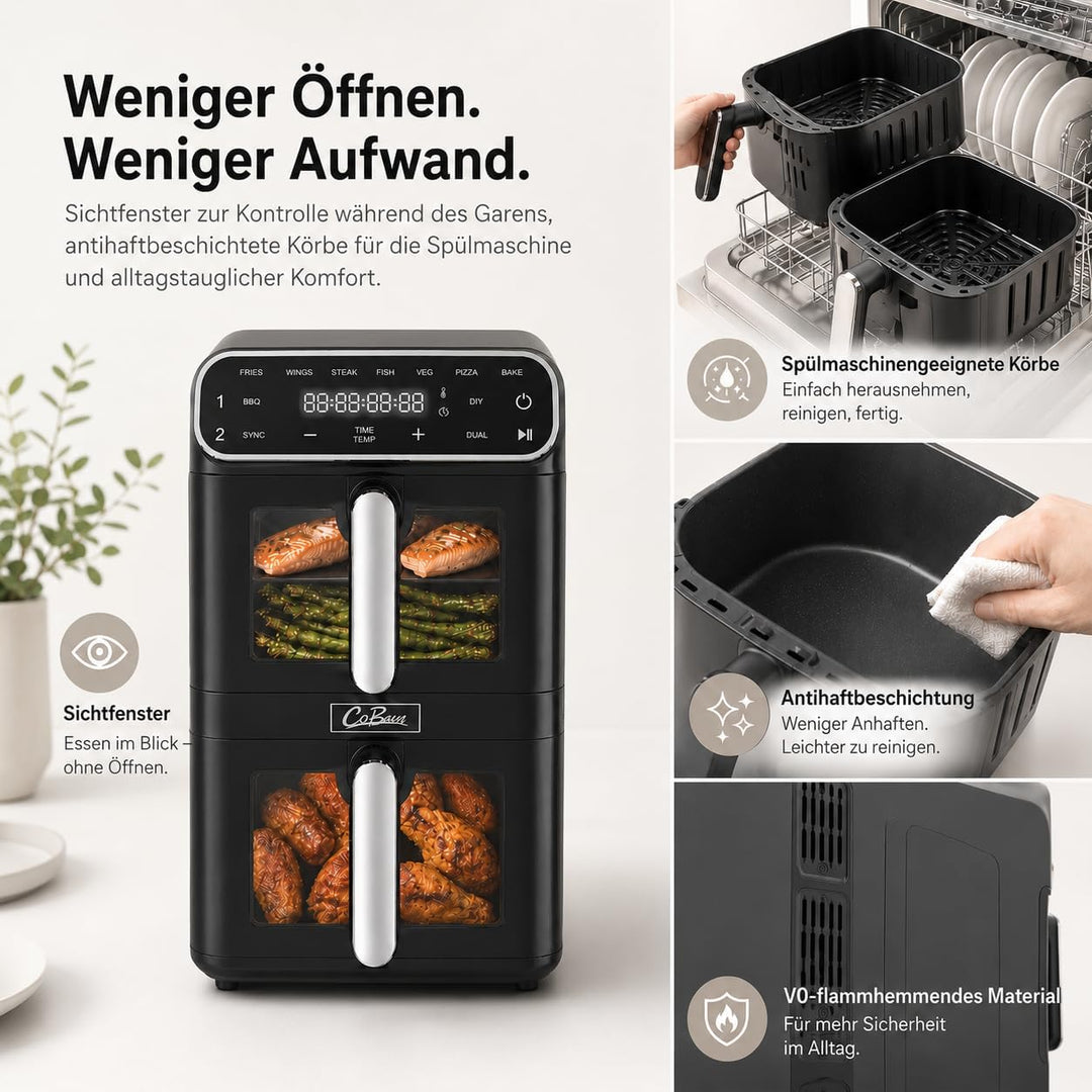 Heissluftfritteuse 2 Kammern übereinander 11L, platzsparende vertikale Doppelkammer, 2×5,5L Airfryer