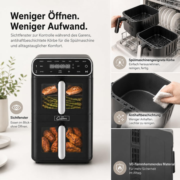 Heissluftfritteuse 2 Kammern übereinander 11L, platzsparende vertikale Doppelkammer, 2×5,5L Airfryer