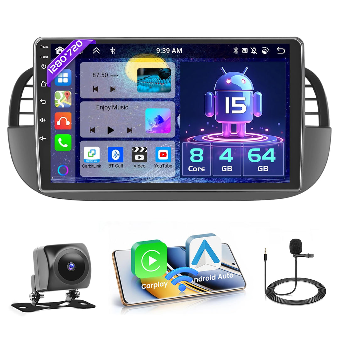 Hikity [8 core 4+64GB] Android 15 Autoradio für FIAT 500 2007-2015 Radio Wireless CarPlay Android Au