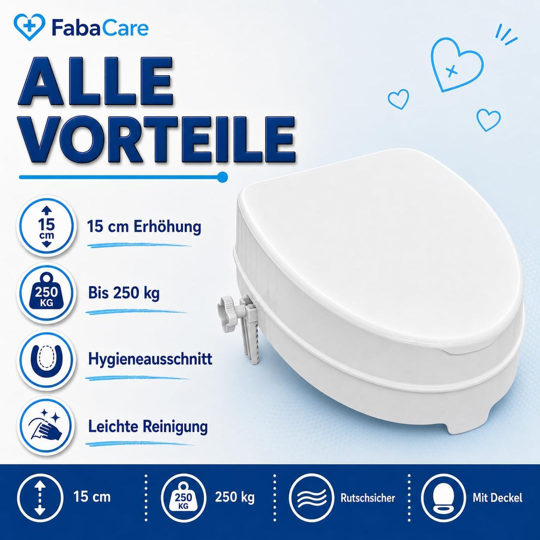 FabaCare Toilettensitzerhöhung Smart, Toilettenaufsatz, WC-Sitz bis 250 kg belastbar, 15 cm mit Deck