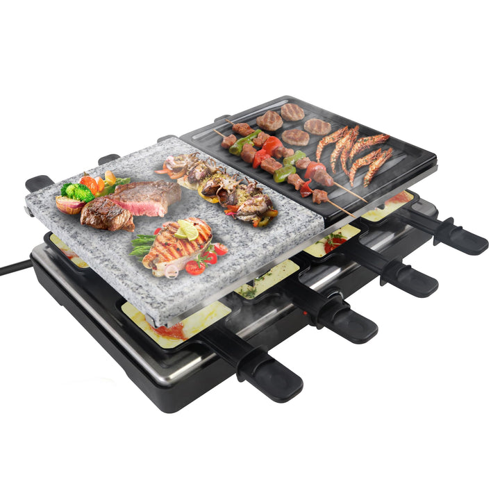 FIVMEN Raclette 8 Personen Raclette Grill 1400W mit 8 Pfännchen, 2 Granitplatte & Antihaftplatte Ele