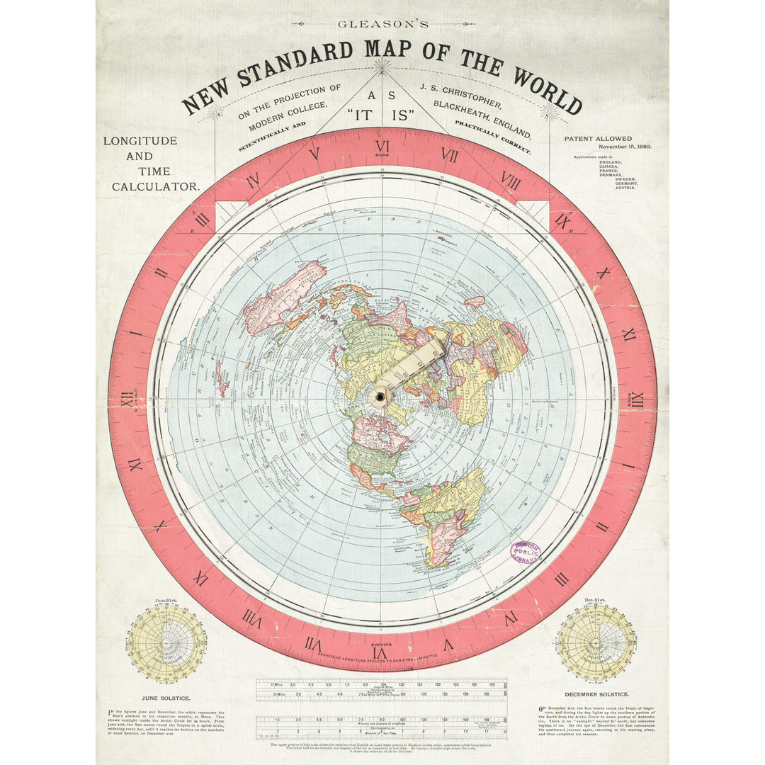 Artery8 Map Gleason 1892 World Time Calculator Flat Earth Large Wall Art Poster Print Thick Paper 18