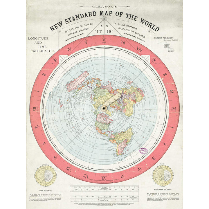 Artery8 Map Gleason 1892 World Time Calculator Flat Earth Large Wall Art Poster Print Thick Paper 18