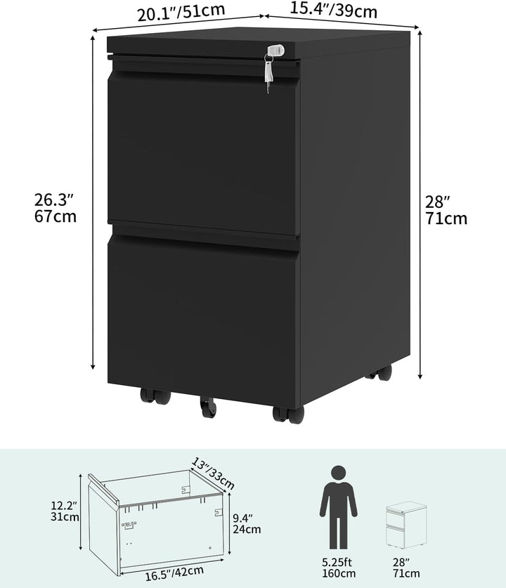 YITAHOME Rollcontainer mit Abschliessbar 3 Schubladen, Mobiler Aktenschrank mit Rollen für A4, Legal
