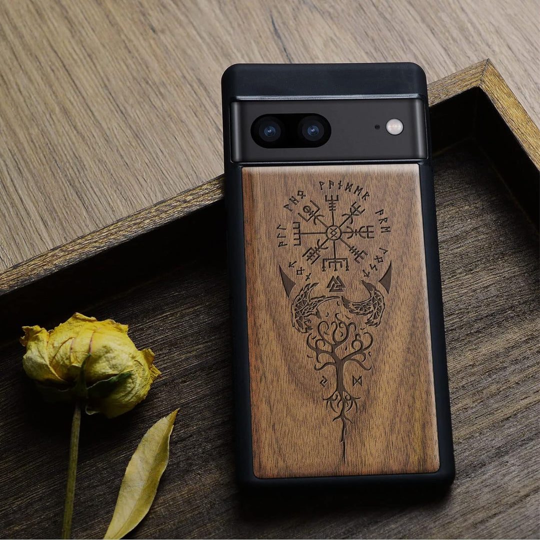 Carveit Holz Handyhülle für Google Pixel 7 Cover [Einzigartiges Design Case] Stossstange hülle Kompa