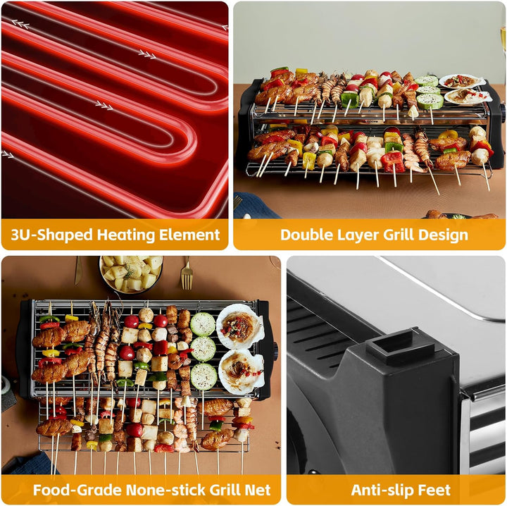 Tischgrill Elektrisch, Elektrogrill Doppelschicht, 2200W Elektro Grill Smokeless BBQ Grill für Balko