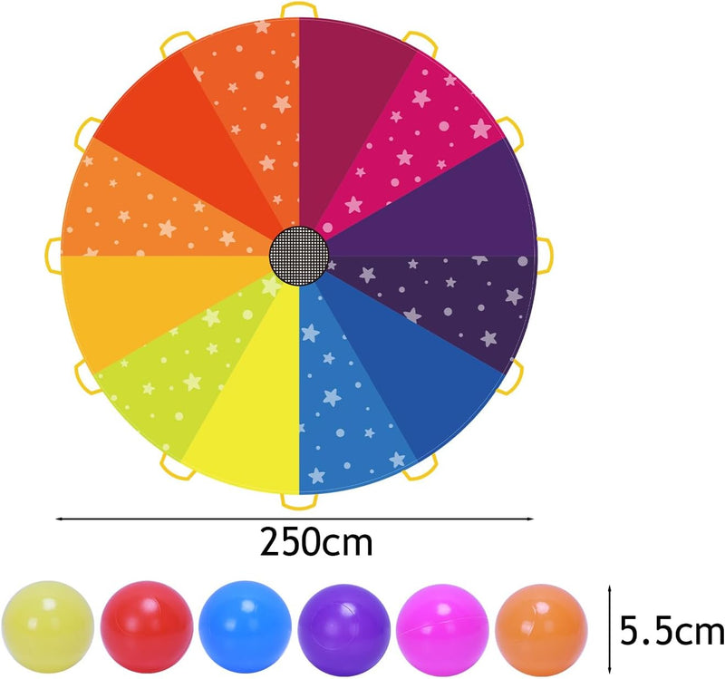 DKINY Regenbogen Schwungtuch Kinder 2.4m Bunt Fallschirm mit 12 Bällen und 12 Griffe Parachutes Spie