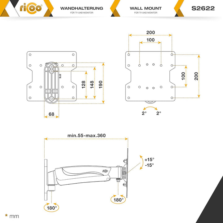 RICOO TV Wandhalterung Fernseher Schwenkbar Gasdruckfeder für 27-50 Zoll, TV Halterung S2622, Fernse
