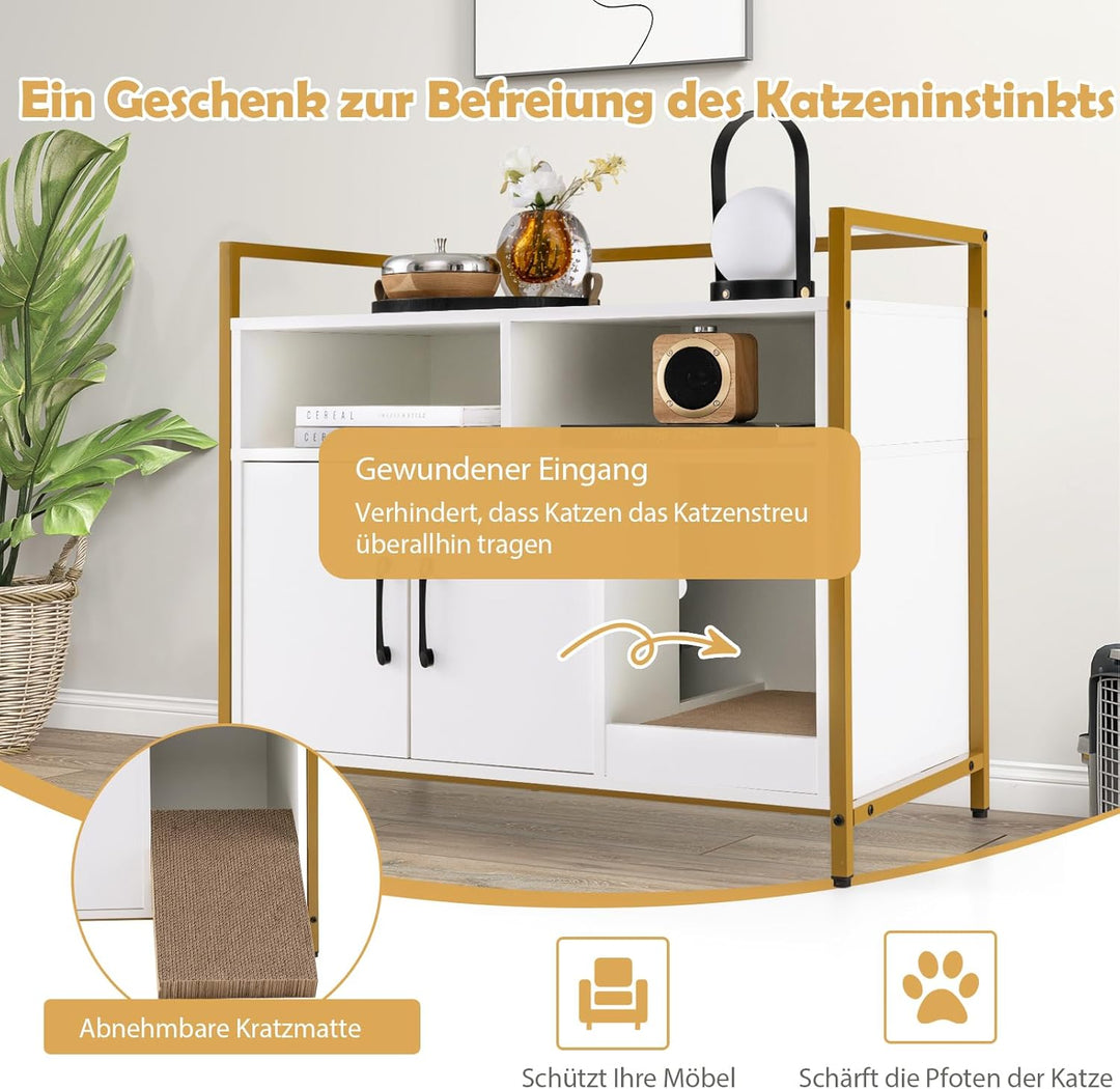 COSTWAY Katzenschrank Katzentoilette mit Doppeltüren &amp; Kratzunterlage, Katzenhaus mit offenem Regal