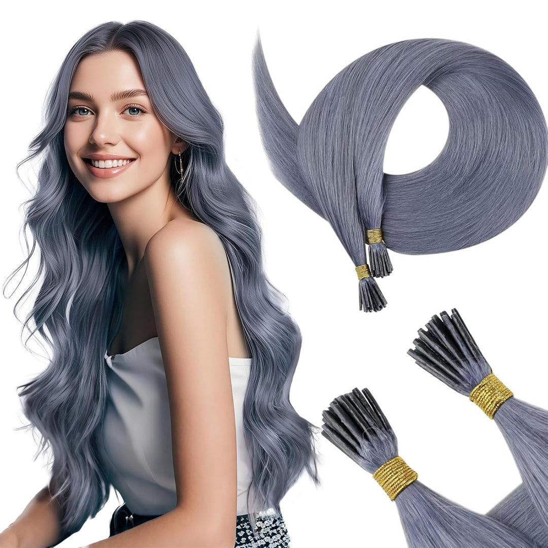 RUNATURE Bonding Extensions Echthaar I Tip GrauBlau 35cm Remy Keratin Extensions Echthaar 20g Bondin