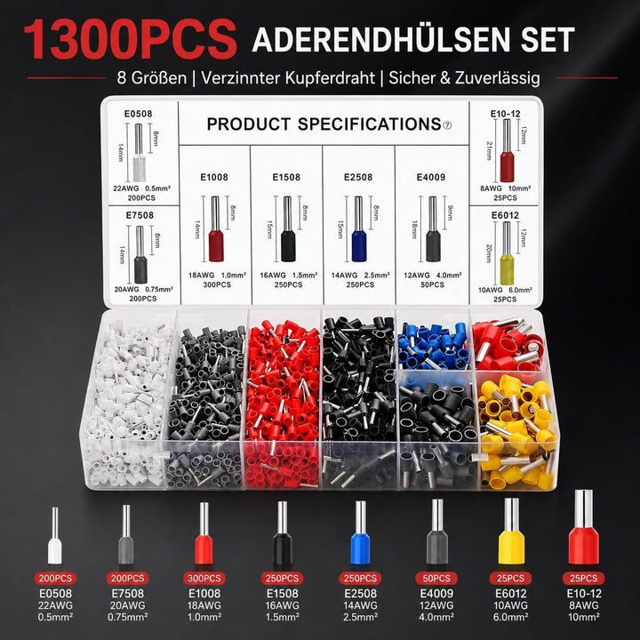Crimpzange Aderendhülsen Set mit 1300 Stück Aderendhülsen für 0,25-10 mm², Aderendhülsenzange Crimpz