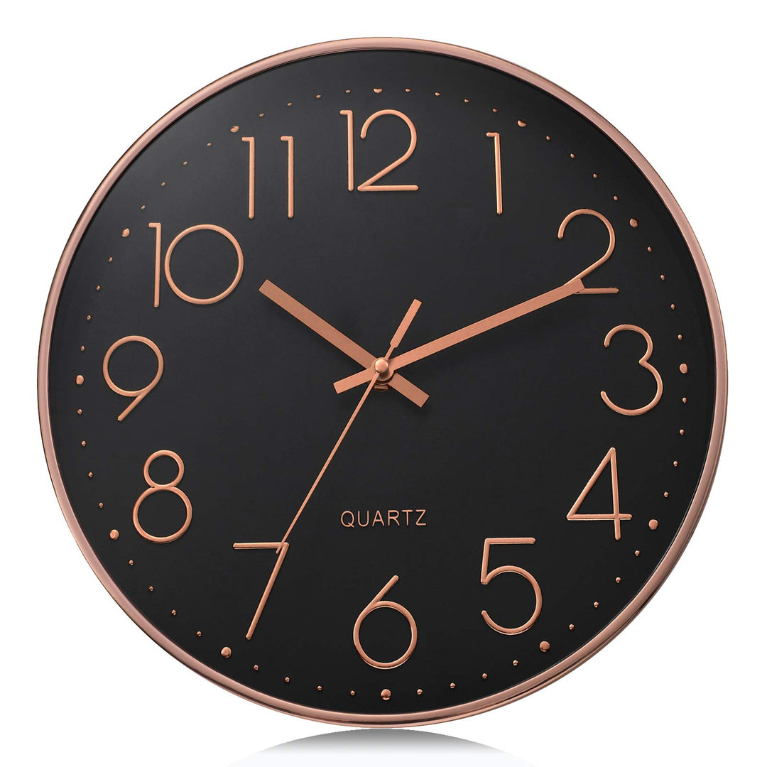 Lafocuse Schwarz Modern Wanduhr Lautlos 30cm, 3D Ziffern Rosegold Ohne Tickgeräusche, Quartz Wanduhr