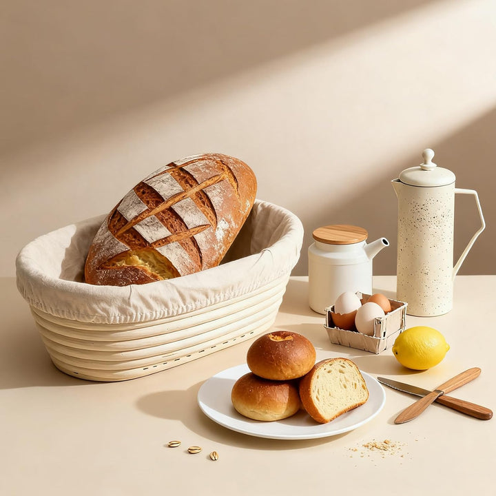 GEEKHOM Gärkörbchen Oval 25cm aus Natürlichem Rattan - Gärkorb Brot mit Waschbarem Bäckerleinen für