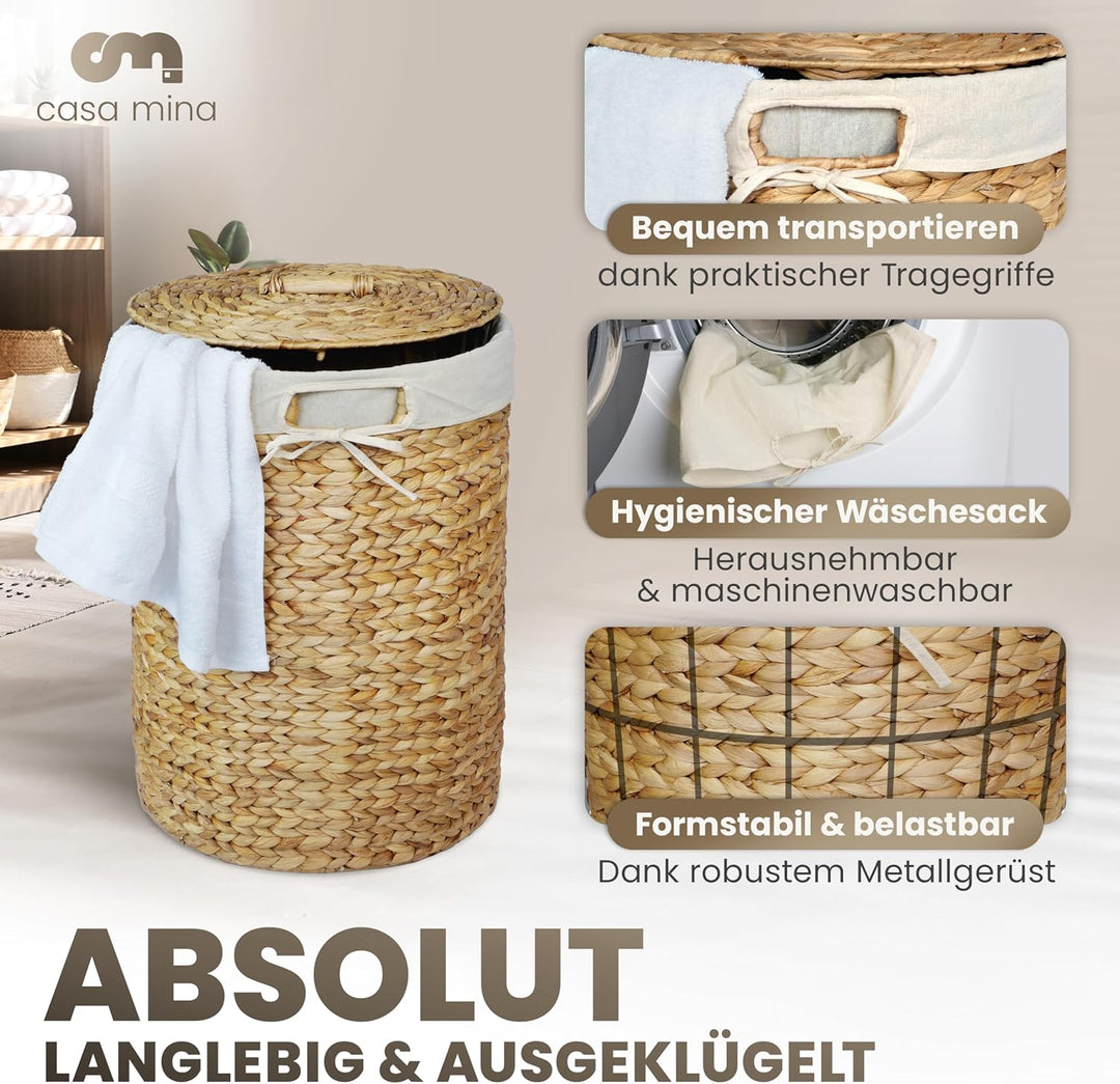 Casa Mina® Wäschesammler mit Deckel D45 x H55cm hoch I Atmungsaktiver Wäschekorb geflochten aus 100%