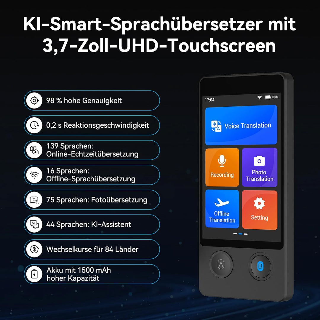 Wooask W12 Sprachübersetzer Gerät, 2026 Neu Zwei-Wege-Smart-Sprach Übersetzer Echtzeit, 140 Sprachen