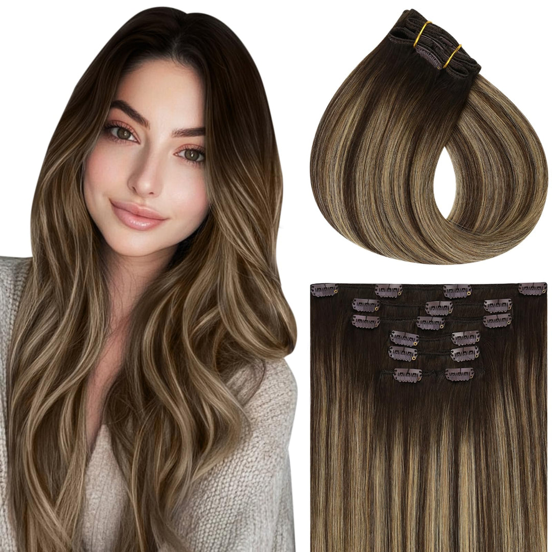 Vivien Echthaar Extensions Clip 45 cm Braun Ombre Clip in Extensions Echthaar Balayage Braun bis Blo