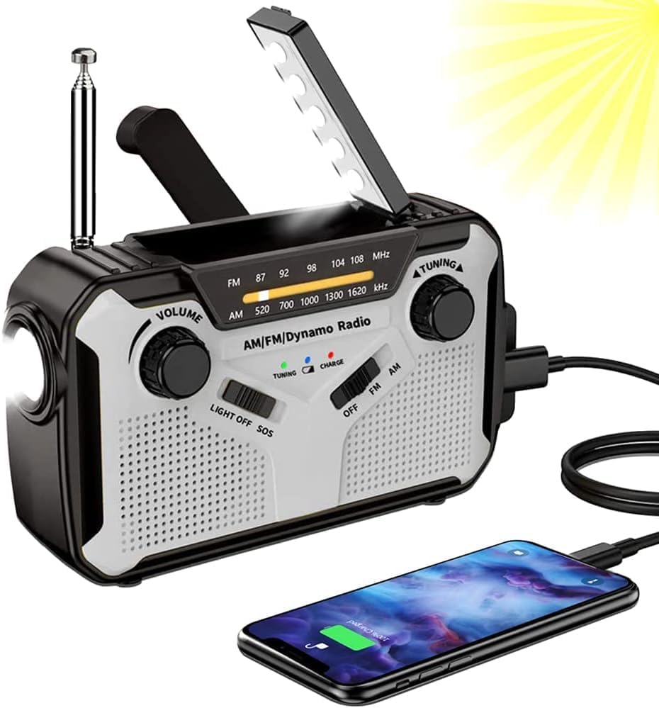 Solar Radio, AM/FM Tragbar Kurbelradio Dynamo Notfallradio mit 4000mAh Wiederaufladbare Batterie, Le
