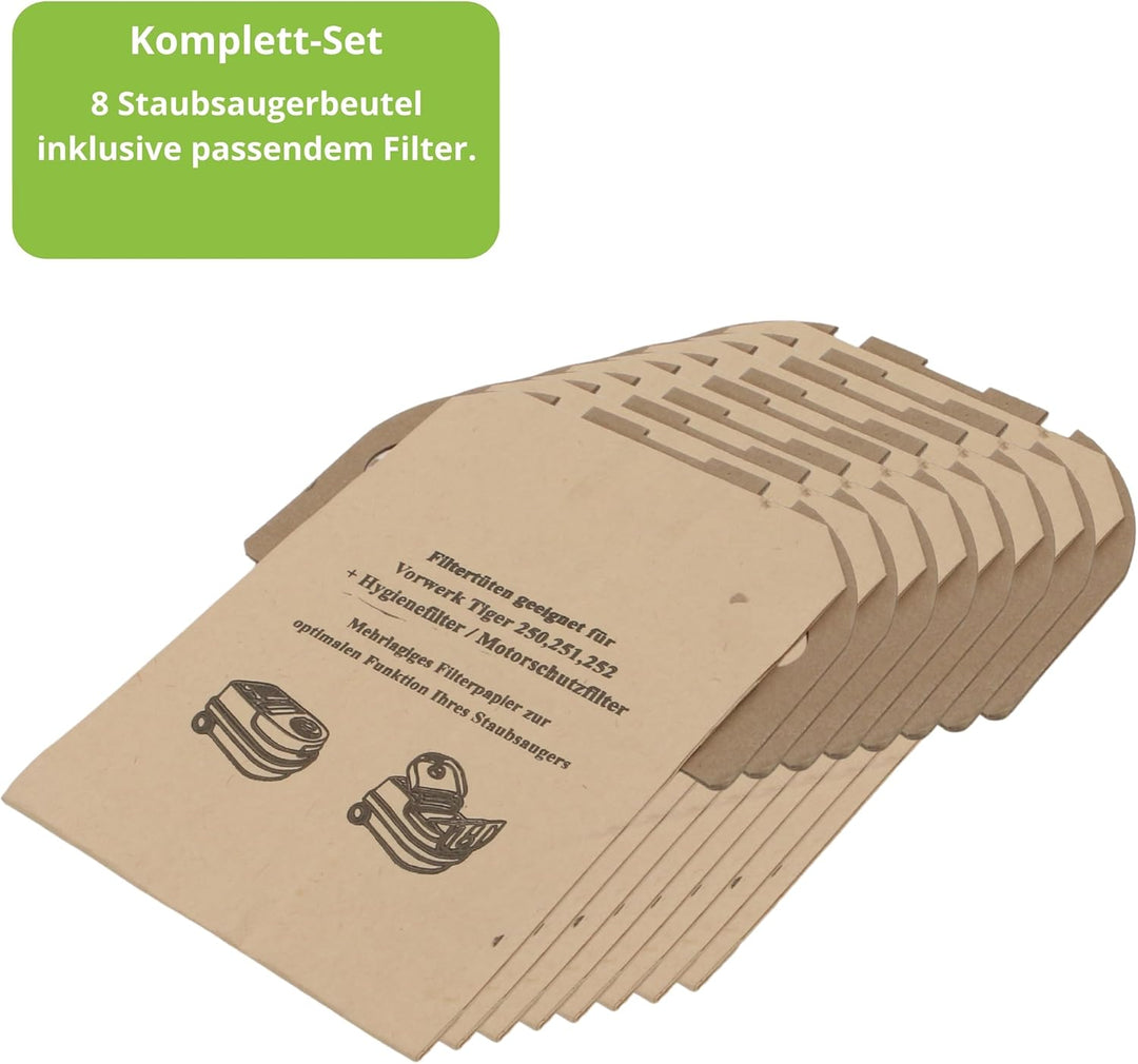 8 hochwertige Staubsaugerbeutel plus Filter passend für Vorwerk Tiger 250 251 252 - Inlusive Motorsc