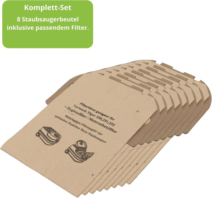 8 hochwertige Staubsaugerbeutel plus Filter passend für Vorwerk Tiger 250 251 252 - Inlusive Motorsc