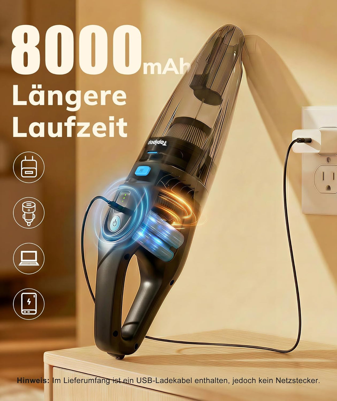 Handstaubsauger Akku mit 25000Pa Starke Saugkraft,Kabelloser Staubsauger mit HEPA-Filter & Aufsätzen
