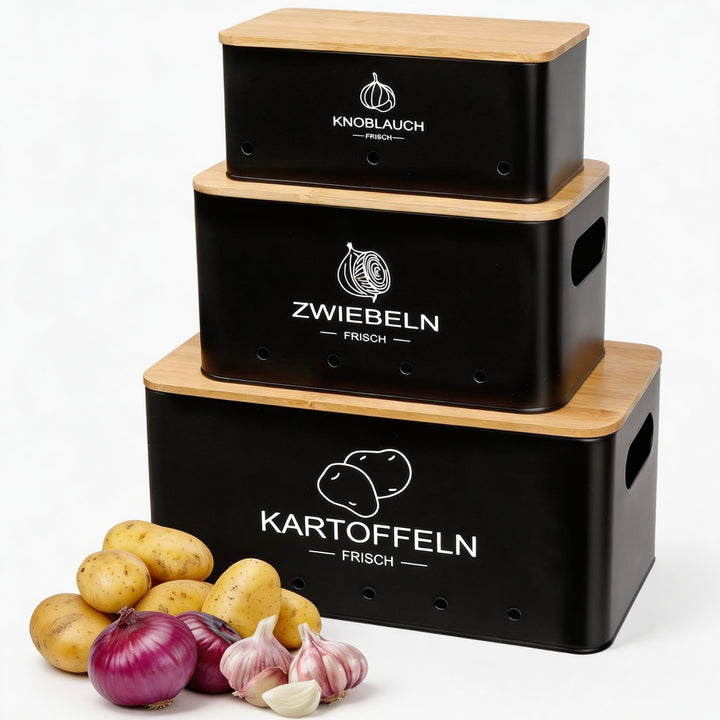 3er Set Kartoffel Aufbewahrungsbox Schwarz - Rechteckiger - Kartoffel Zwiebel Knoblauch Aufbewahrung