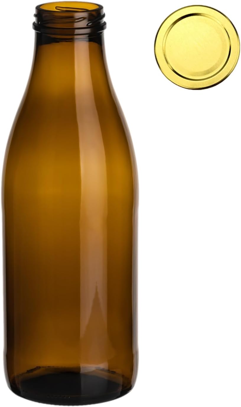 gouveo 20er Set Saftflasche 1000 ml Antik mit Schraubdeckel goldfarben - Braune Glasflasche 1 Liter
