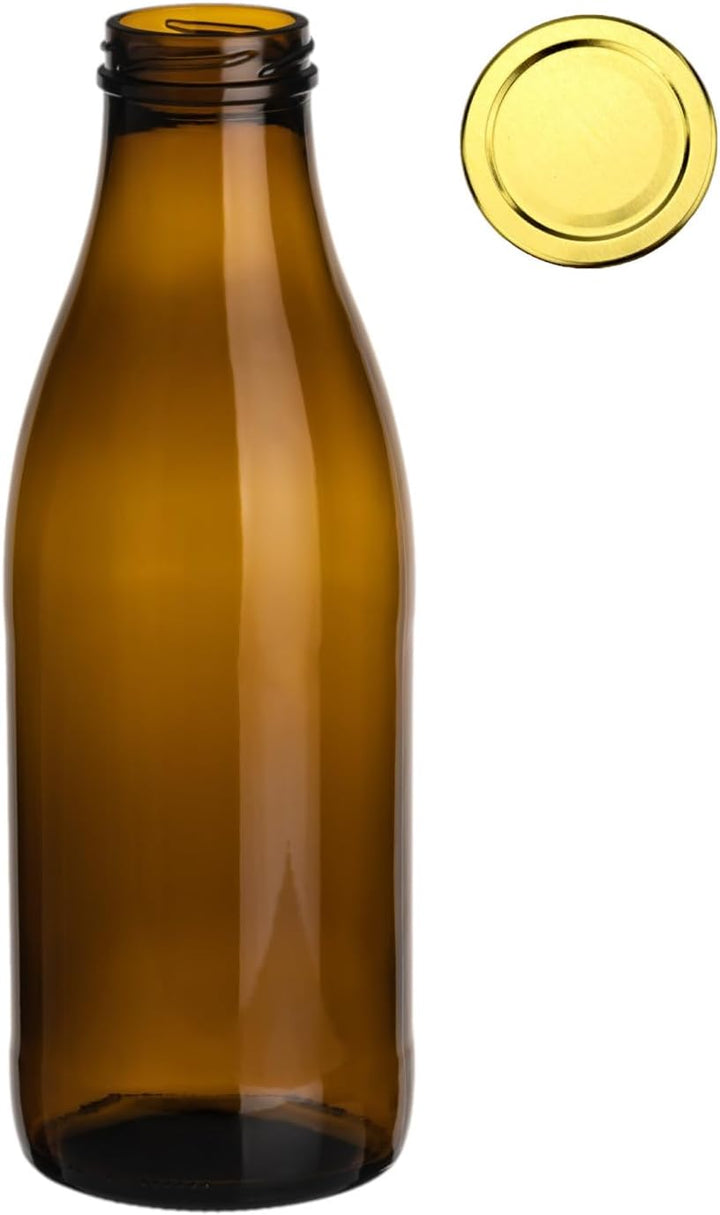 gouveo 20er Set Saftflasche 1000 ml Antik mit Schraubdeckel goldfarben - Braune Glasflasche 1 Liter