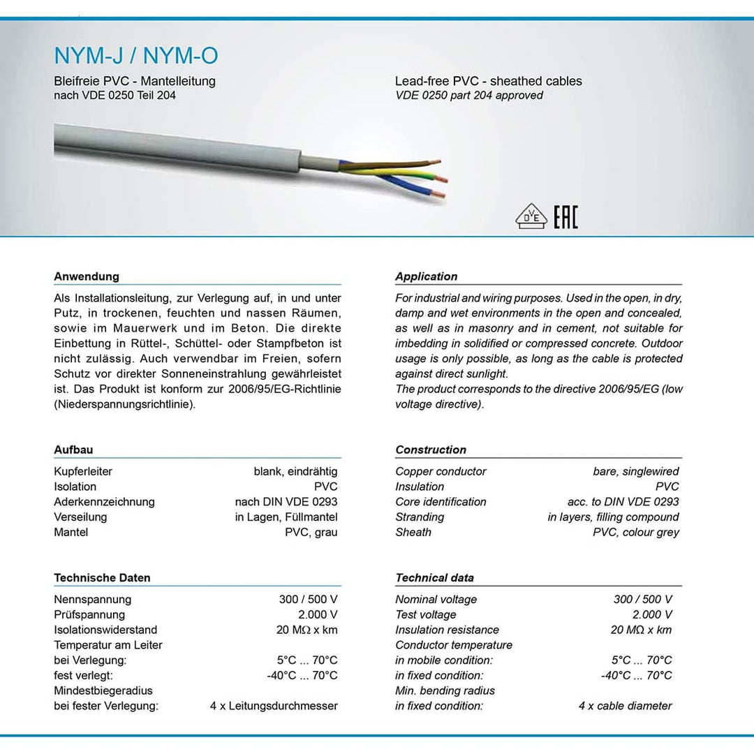 NYM-J 5x2,5 mm² 20m Mantelleitung Installationskabel Stromkabel nach DIN VDE 0250 M18 20 m NYM-J 5x2