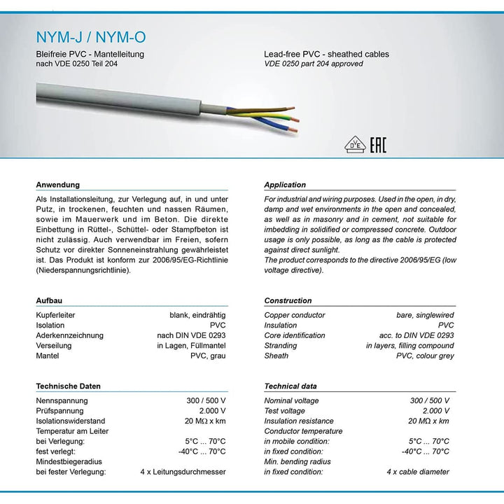 NYM-J 5x2,5 mm² 20m Mantelleitung Installationskabel Stromkabel nach DIN VDE 0250 M18 20 m NYM-J 5x2