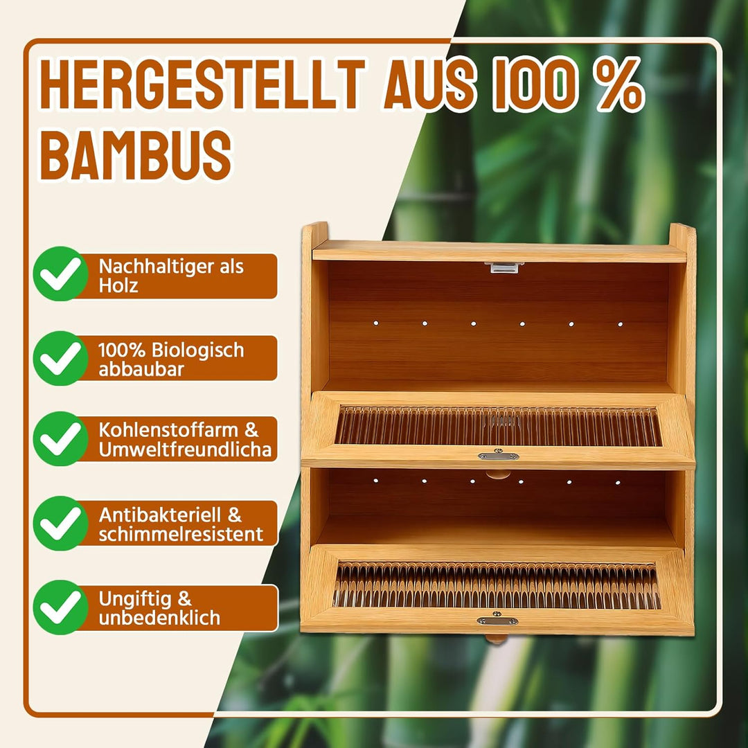 HAUSPROFI Brotkasten Bambus 2 Etagen, Brotkästen Holz mit Schneidebrett Belüftung Gewelltes Sichtbar