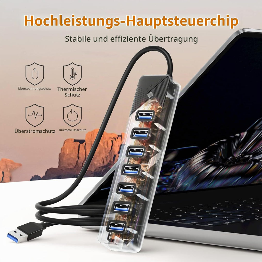GiGimundo PG7U USB Hub 3.0, 7-Port USB Verteiler, 50CM Kabel mit 5V/3A Stromeingang, Mehrfach USB St