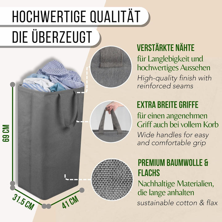Wäschesammler 100 Liter Grau Faltbarer Wäschekorb Organizer mit erweitertem Griff, Wäschebox Aufbewa