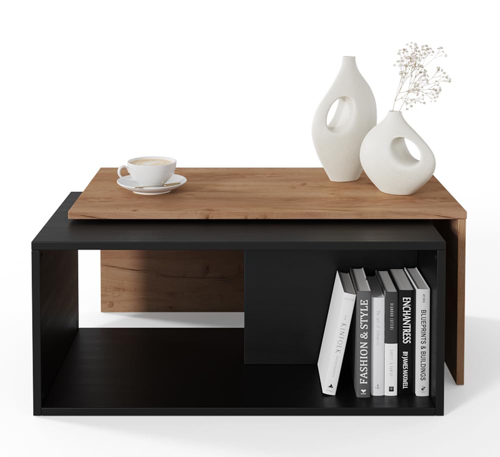 PLATAN ROOM Couchtisch Kaffeetisch 2er Set 90x48x40 cm, moderner Wohnzimmertisch, Sofatisch mit Stau