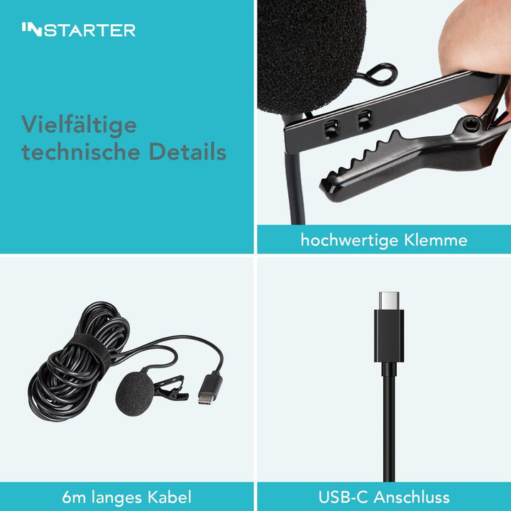 Instarter Lavalier-Ansteckmikrofon mit USB-C Anschluss (6m Kabel), Windschutz & Tasche I klarer Soun