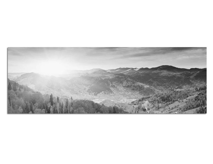 Paul Sinus Art Leinwandfoto als Panorama SCHWARZ/Weiss 150x50cm Landschaft Berge Wald Herbst Sonnens