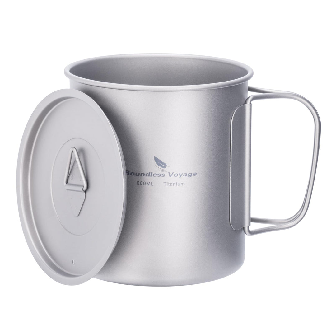 iBasingo 600ml Camping Becher Outdoor Tasse Titan Trinkbecher Mug mit Deckel &amp; Klappgriff Ultraleich