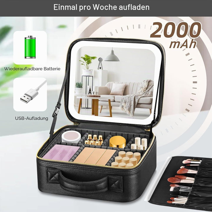 Reise-Schminktasche mit LED-Spiegel, Reise-Schminktasche mit beleuchtetem Spiegel, 3-Farben-Einstell