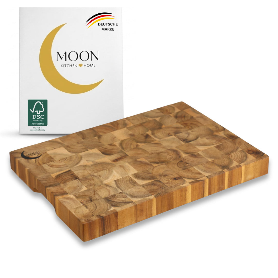 MOON HOME Premium Schneidebrett - Uranus, massives Stirnholz/Akazie, mit zwei Griffmulden, messersch
