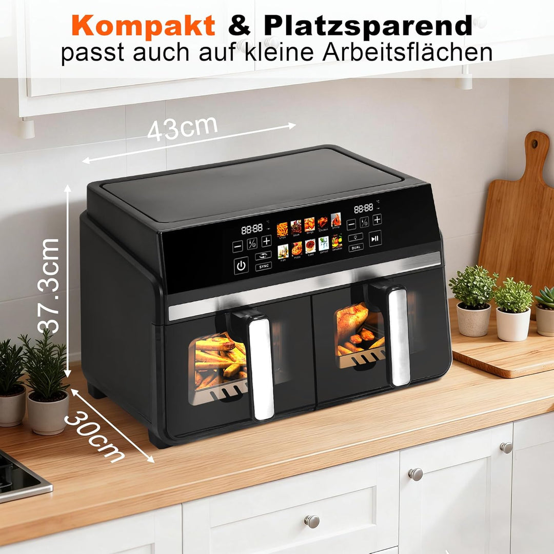 Citybee Heissluftfritteuse 2 Kammern XXL 10L (5L+5L) mit Sichtfenster, Dual Zone Airfryer Doppelkamm
