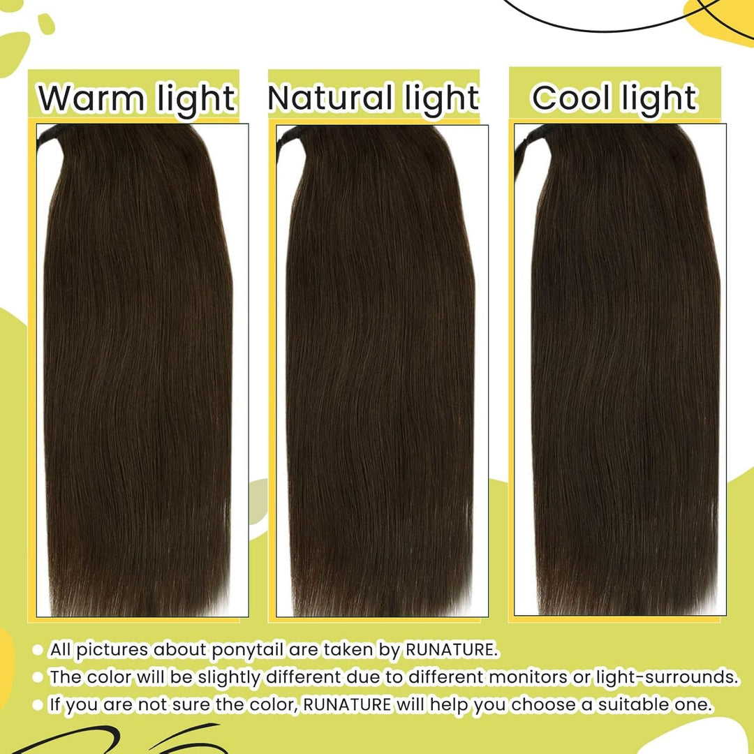RUNATURE Zopf Echthaar Braun 35cm Unsichtbarer Clip in Ponytail Echthaar Extensions 70g/pack Glatt P